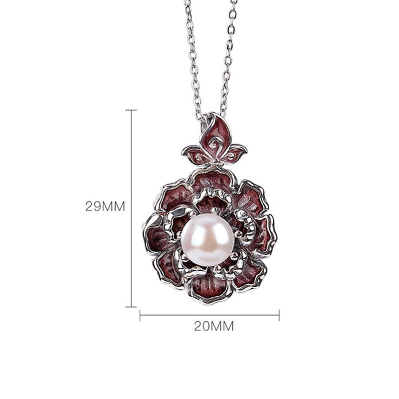999 Sterling Silver Pearl Necklace with Peony Flower Pendant for Healing