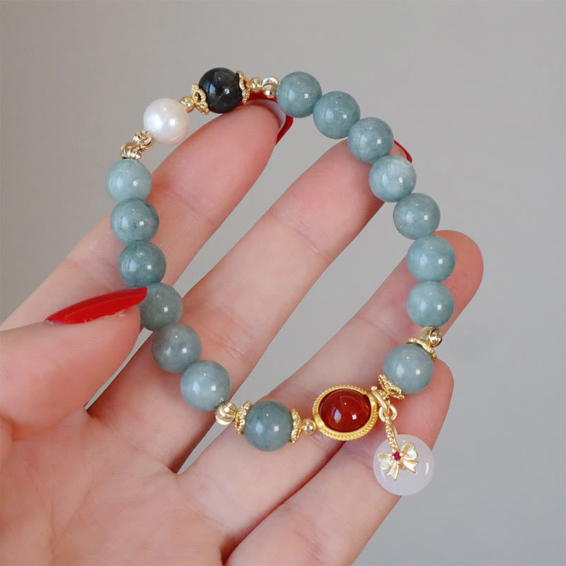 8mm Natural Jade Red Agate Luck Bracelet Bow Tie Design