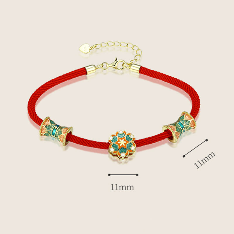 925 Sterling Silver Lotus Drum Bracelet with Red Rope | New Beginnings