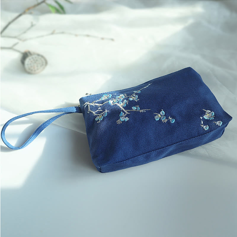 Canvas Wallet with Plum Cherry Crane Embroidery | Compact 21x13cm