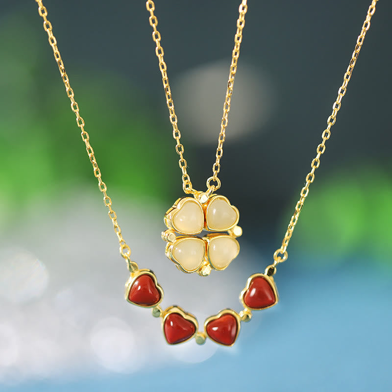 925 Sterling Silver Four Leaf Clover Jade Necklace for Abundance & Protection