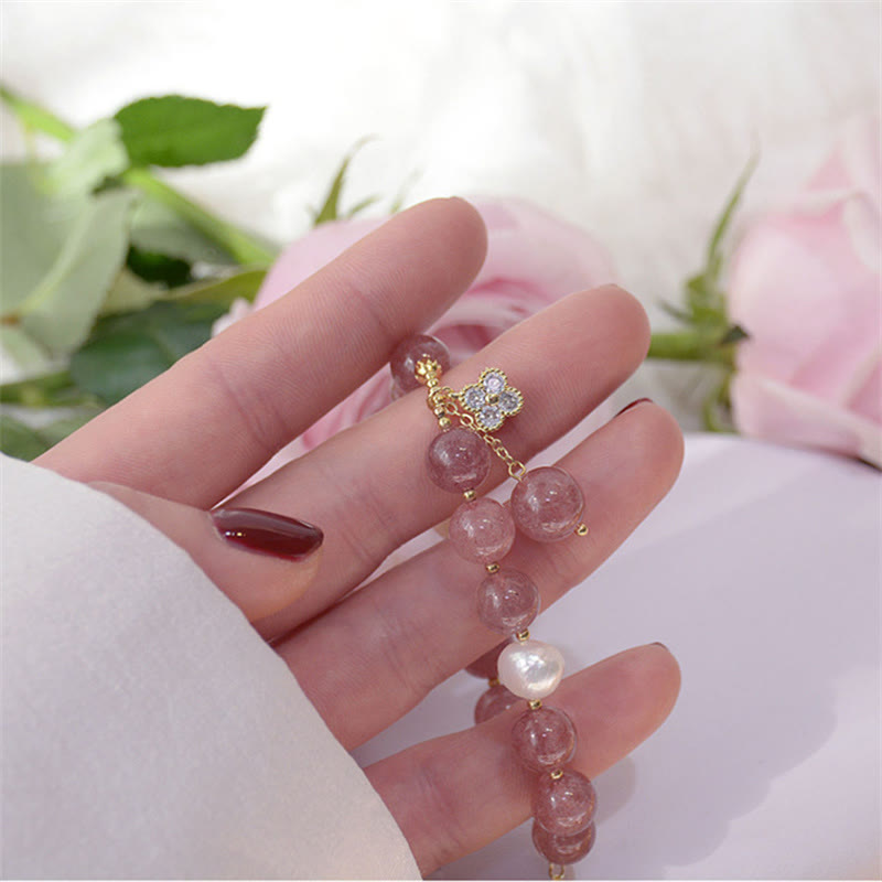Strawberry Quartz Love Bracelet with Pearl and Four Leaf Clover Charm