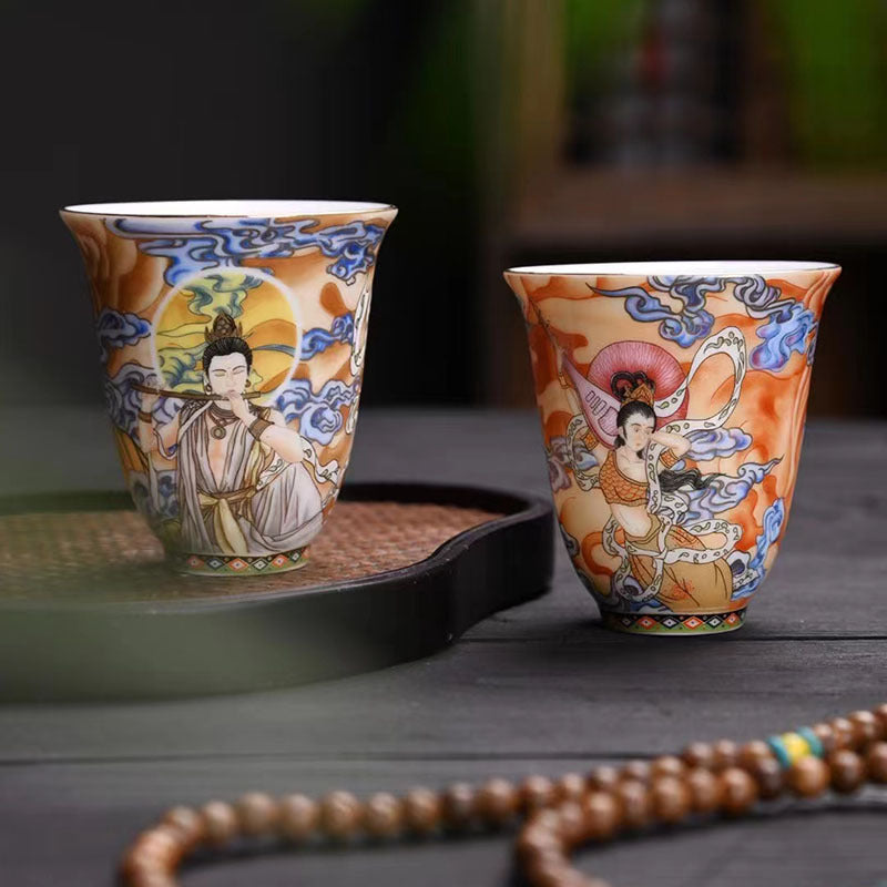 Dunhuang Flying Apsaras Ceramic Tea Cup 100ml Zen Decor