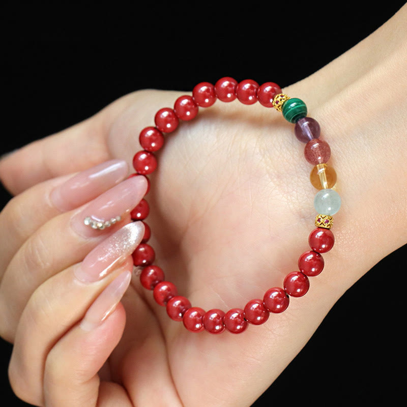 6mm Cinnabar Blessing Bracelet with Aquamarine & Amethyst