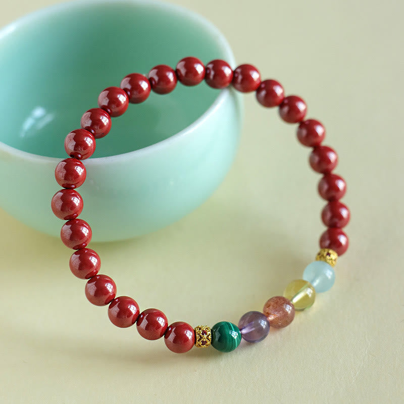 6mm Cinnabar Blessing Bracelet with Aquamarine & Amethyst