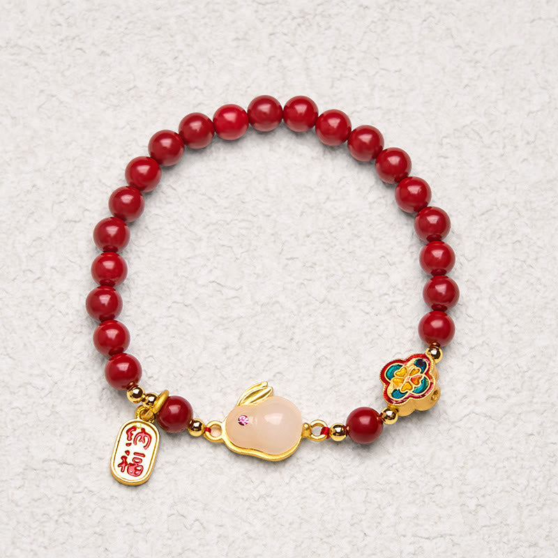 6mm Cinnabar Fu Character Beaded Lotus Bracelet