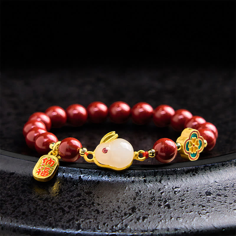 6mm Cinnabar Fu Character Beaded Lotus Bracelet