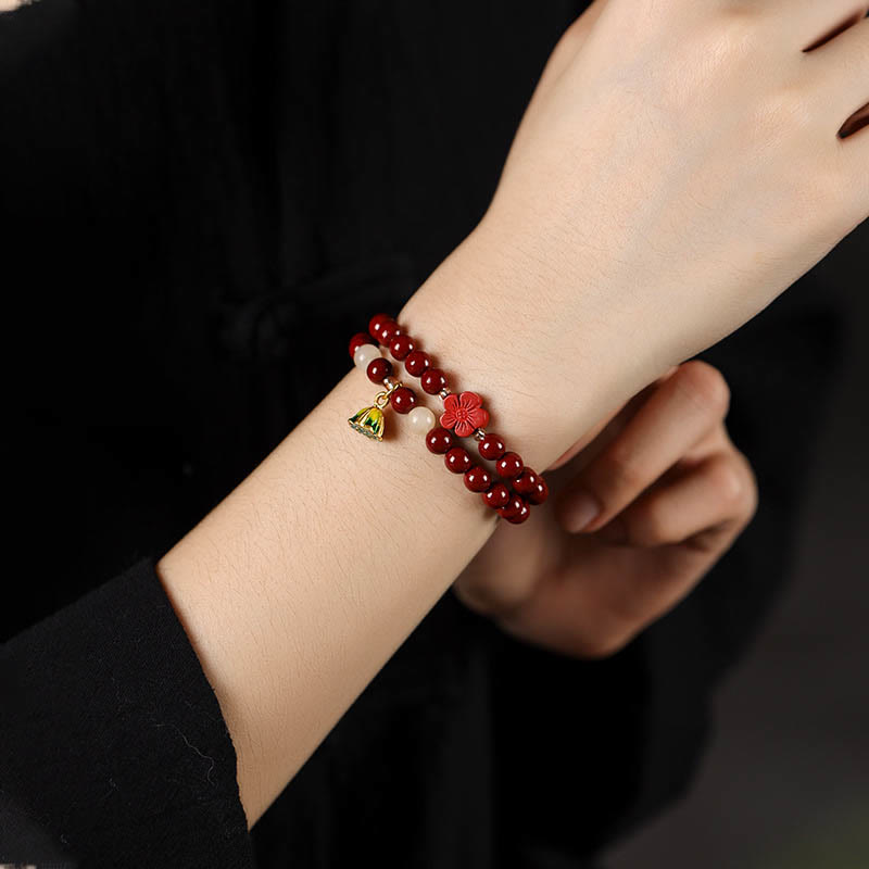 6mm Cinnabar Lotus Charm Double Wrap Bracelet Blessing