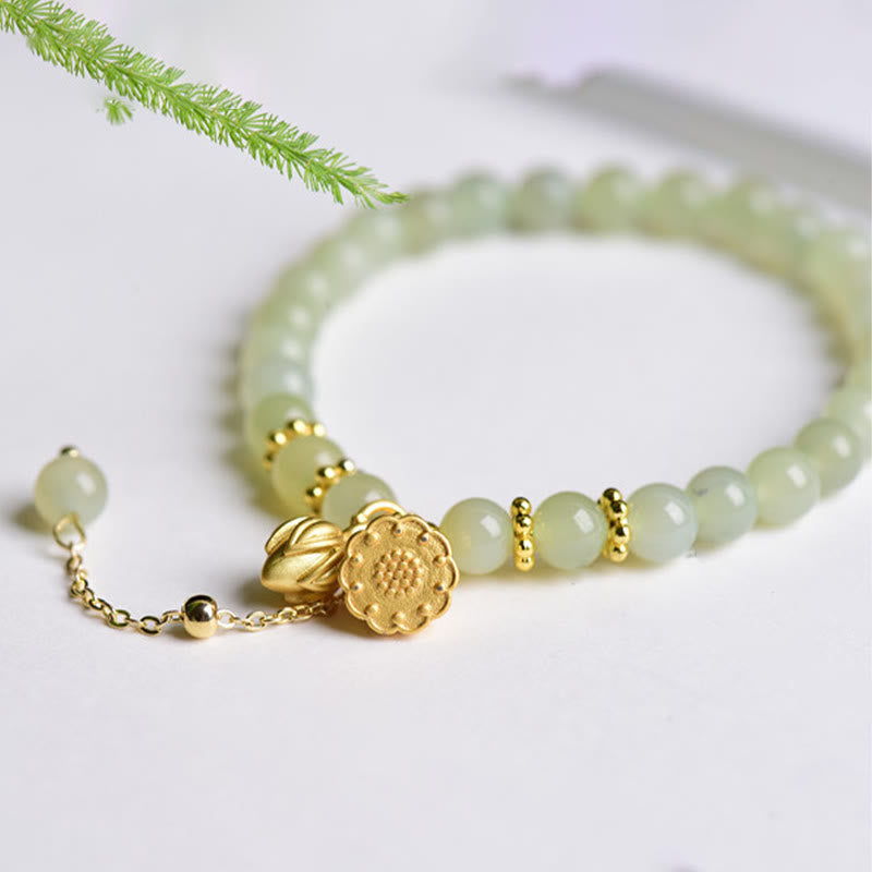 6mm Hetian Jade Lotus Luck Bracelet for Women
