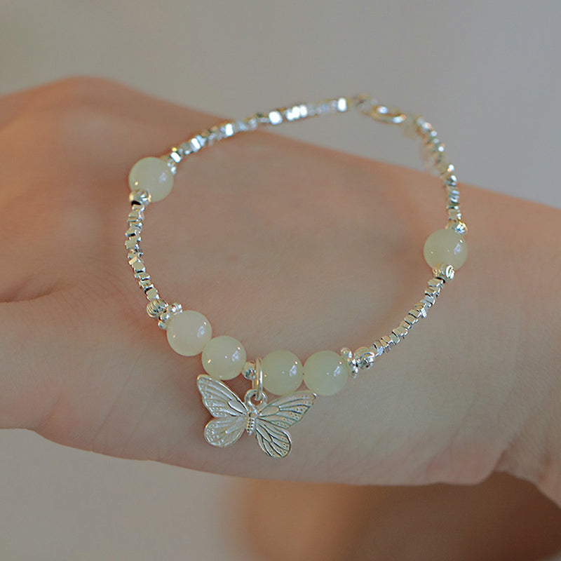 6mm Hetian Jade Luck Butterfly Sterling Silver Bracelet