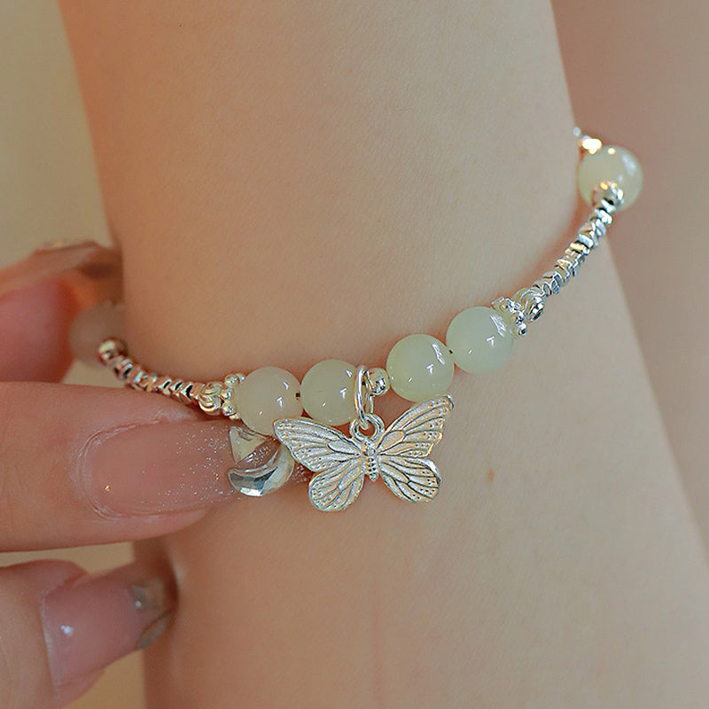 6mm Hetian Jade Luck Butterfly Sterling Silver Bracelet