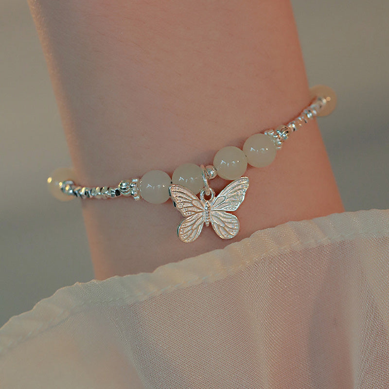 6mm Hetian Jade Luck Butterfly Sterling Silver Bracelet