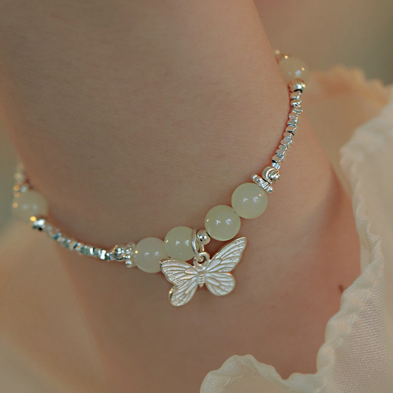 6mm Hetian Jade Luck Butterfly Sterling Silver Bracelet