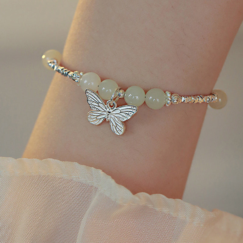 6mm Hetian Jade Luck Butterfly Sterling Silver Bracelet