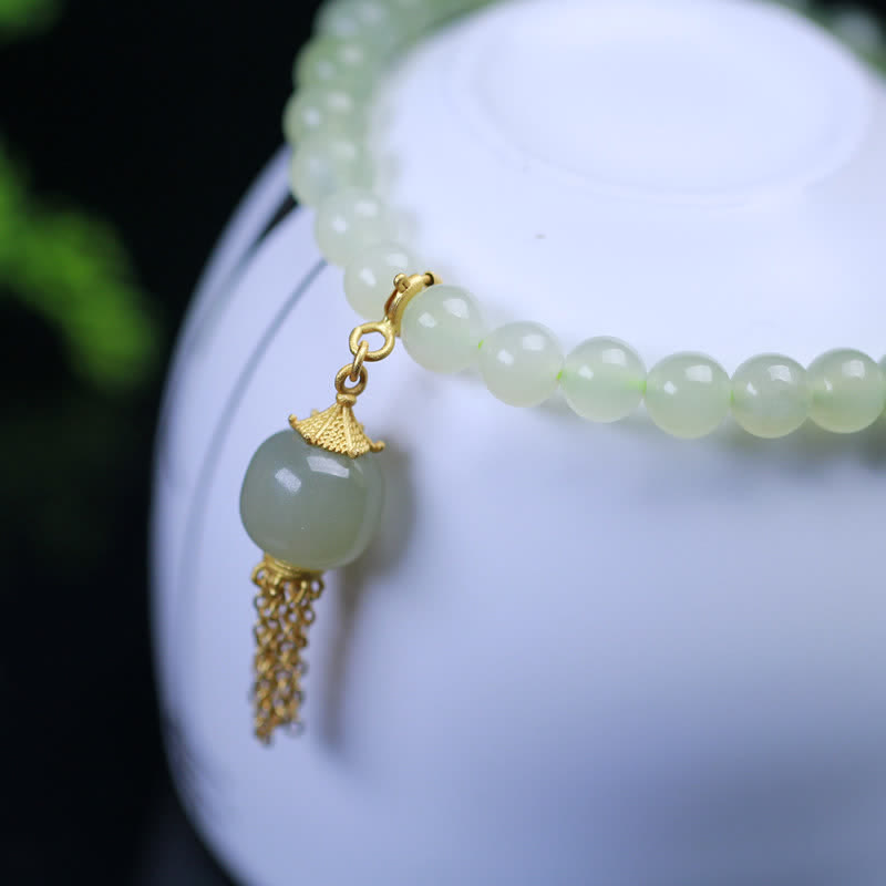 6mm Hetian Jade Wealth Charm Bracelet Sterling Silver