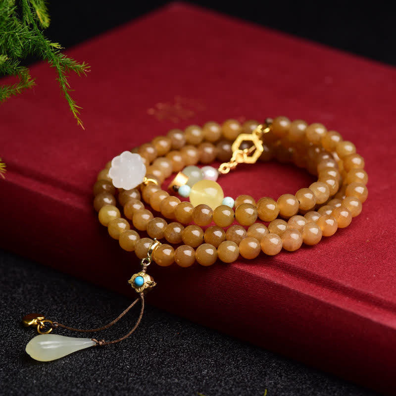 6mm Natural Hetian Topaz Amber Lotus White Jade Pearl Success Bracelet