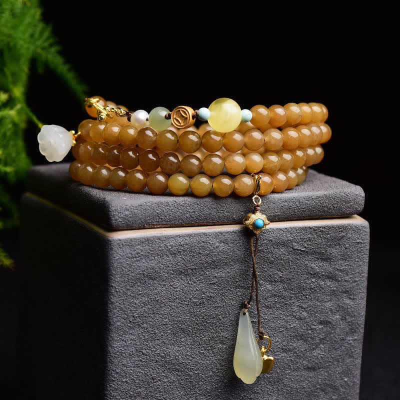 6mm Natural Hetian Topaz Amber Lotus White Jade Pearl Success Bracelet