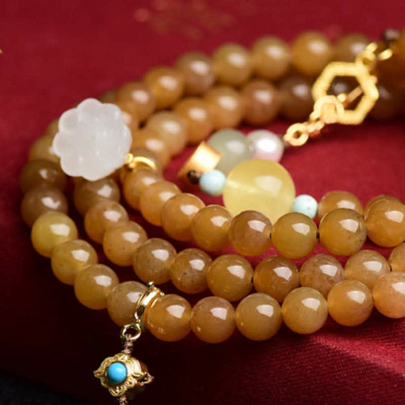 6mm Natural Hetian Topaz Amber Lotus White Jade Pearl Success Bracelet