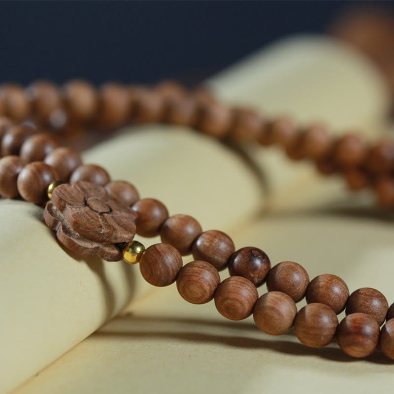 6mm Sandalwood Plum Blossom Charm Mala Bracelet for Calmness & Healing