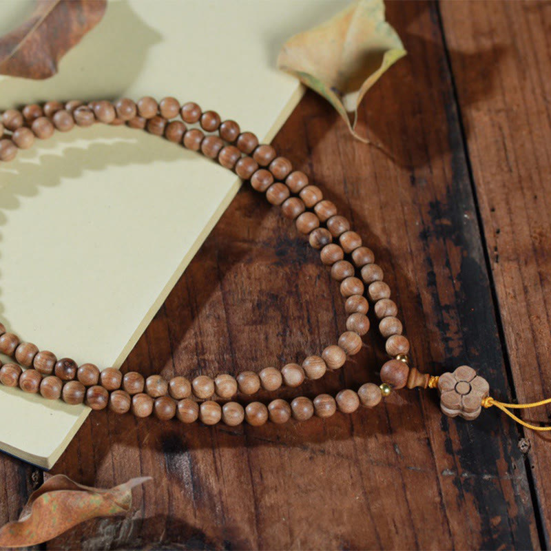 6mm Sandalwood Plum Blossom Charm Mala Bracelet for Calmness & Healing