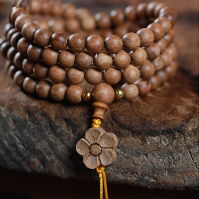 6mm Sandalwood Plum Blossom Charm Mala Bracelet for Calmness & Healing