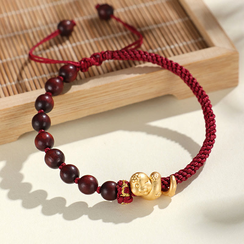 6mm Small Leaf Red Sandalwood Protection Bracelet with Red Rope - Unisex