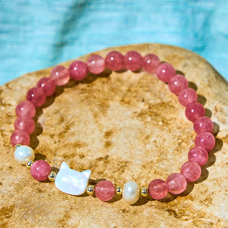 6mm Strawberry Quartz Bracelet with Pearl Cat or Rabbit Charm