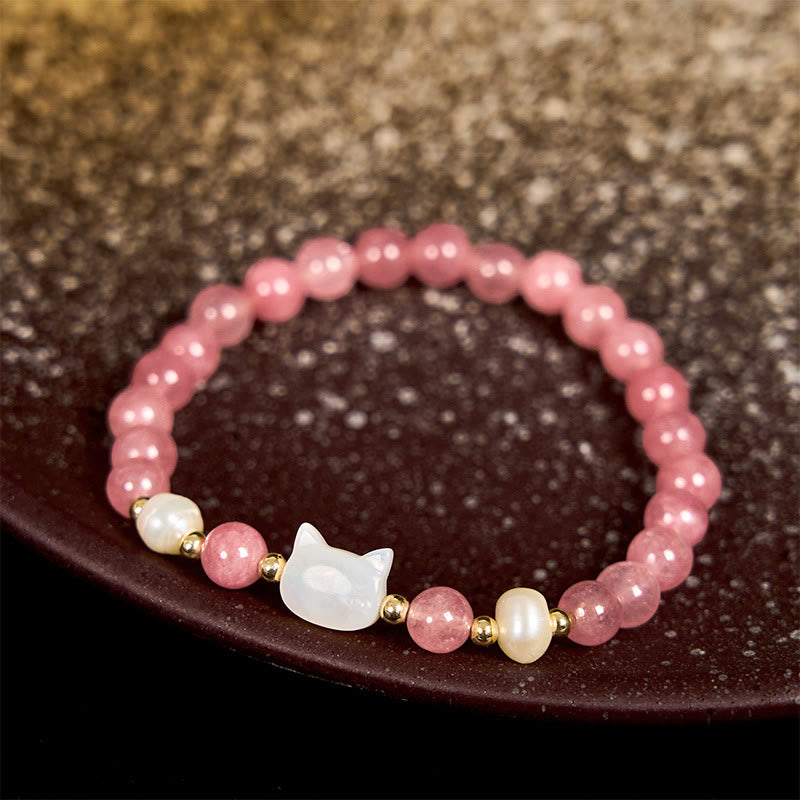 6mm Strawberry Quartz Bracelet with Pearl Cat or Rabbit Charm