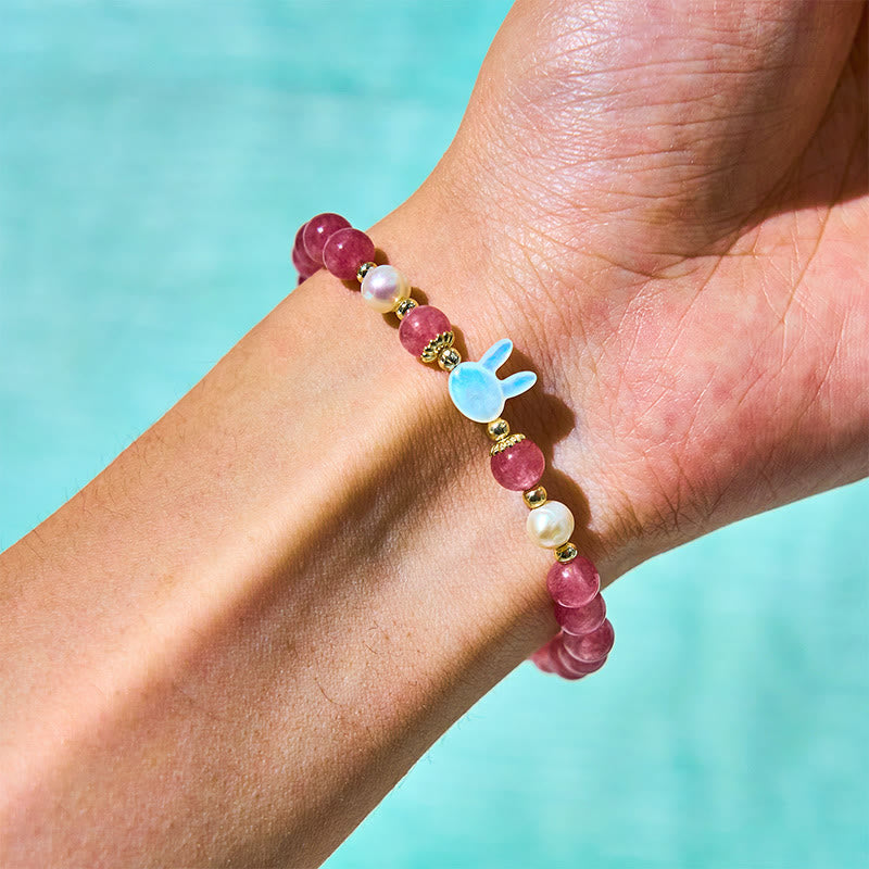 6mm Strawberry Quartz Bracelet with Pearl Cat or Rabbit Charm