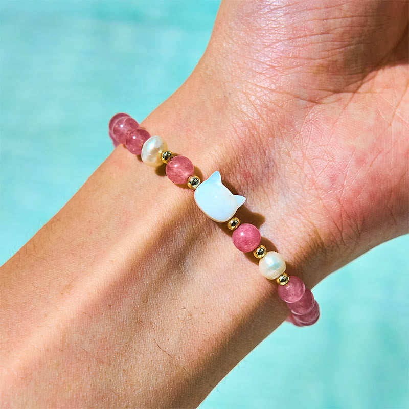 6mm Strawberry Quartz Bracelet with Pearl Cat or Rabbit Charm