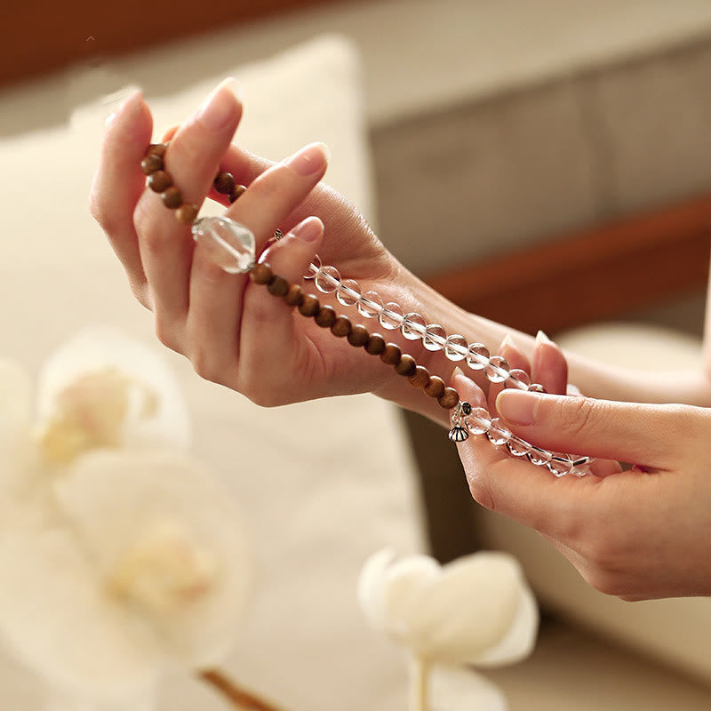 6mm White Crystal Agarwood Lotus Bracelet for Calm & Healing