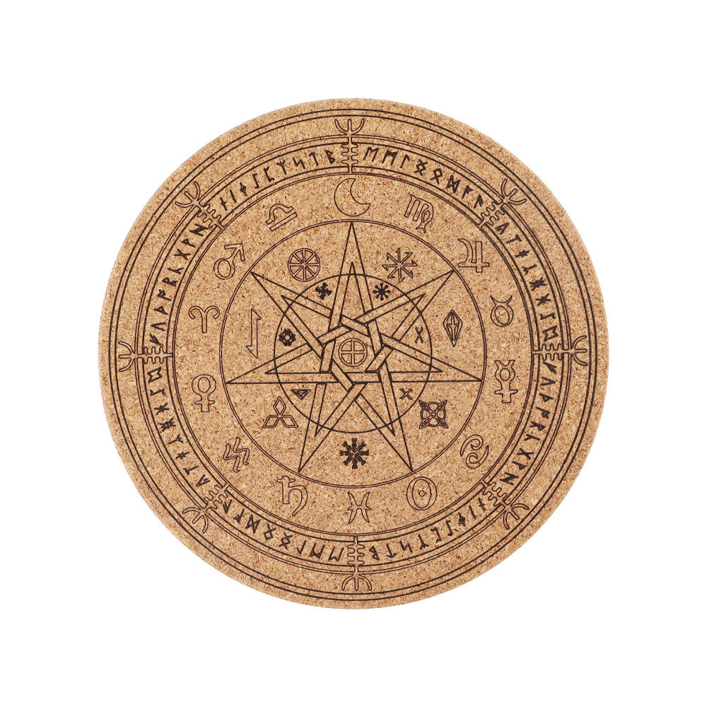 7.38" Cork Carved Mandala Pattern Coaster Spiritual Accent