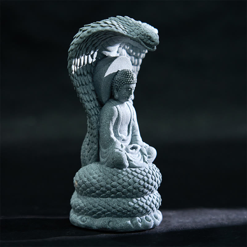 7.5cm Sandstone Shakyamuni Buddha Statue with Snake Symbolism