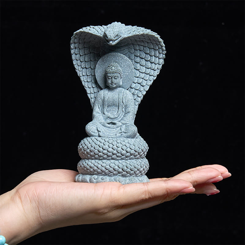 7.5cm Sandstone Shakyamuni Buddha Statue with Snake Symbolism