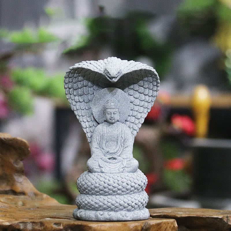 7.5cm Sandstone Shakyamuni Buddha Statue with Snake Symbolism