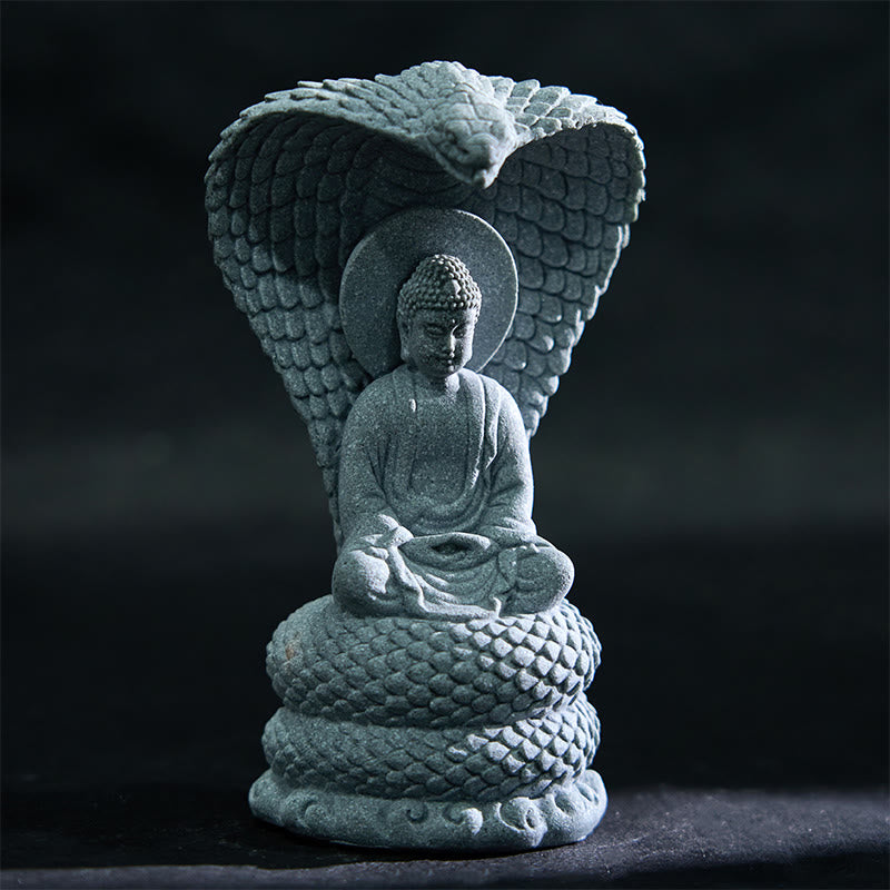 7.5cm Sandstone Shakyamuni Buddha Statue with Snake Symbolism