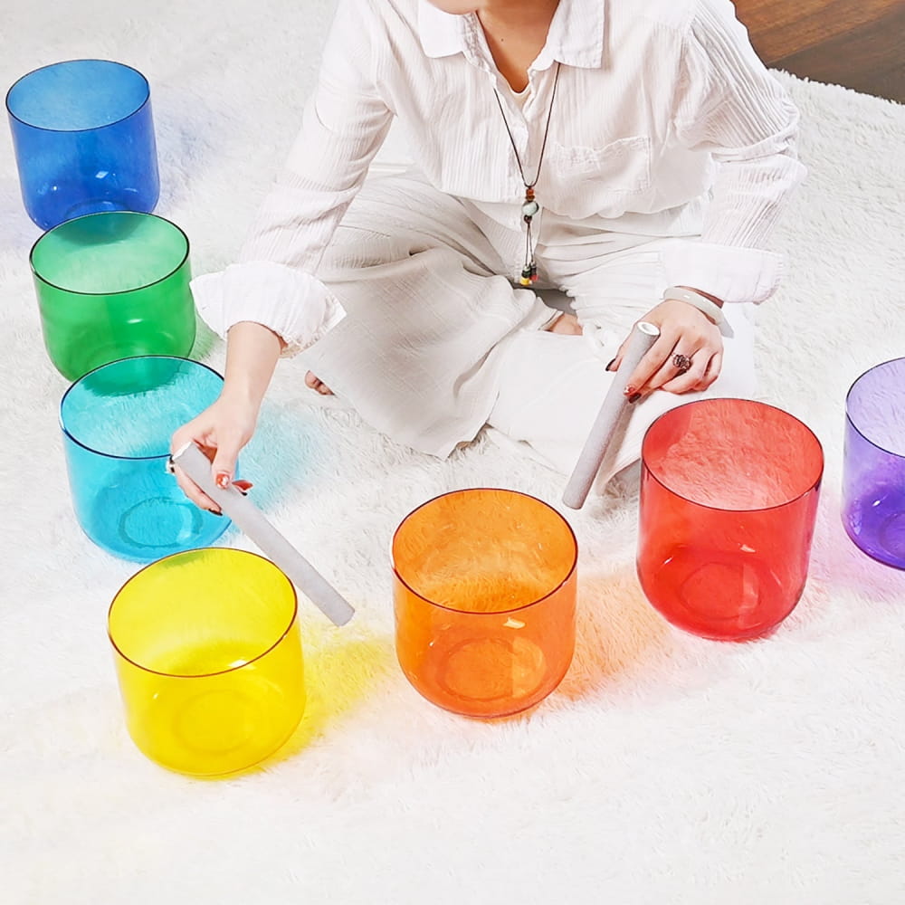 Colorful crystal singing bowls in rainbow spectrum from 7 PCS Alchemy Clear Color Set