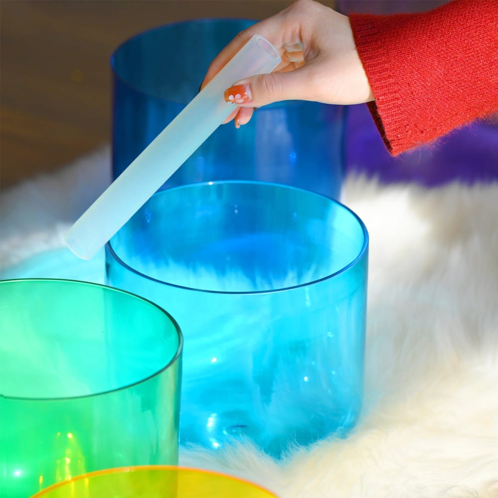 Colorful translucent cups with blue and yellow liquids surrounded by vapor for 7 PCS Alchemy set