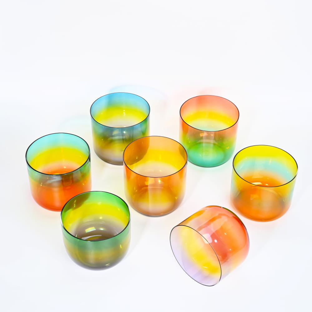 7 PCS Alchemy Clear Rainbow Crystal Singing Bowl Set With 7 Carrier Bags - clear rainbow bowl set