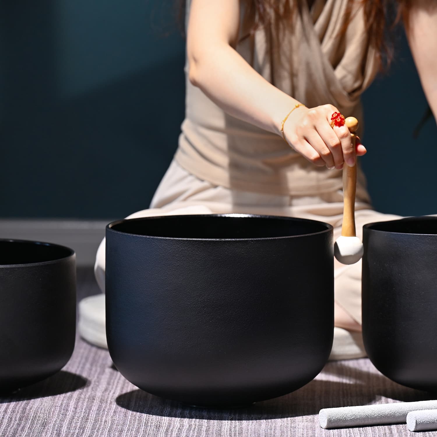 Matte black crystal singing bowl with wooden mallet in 7 PCS Black Crystal Singing Bowl Set