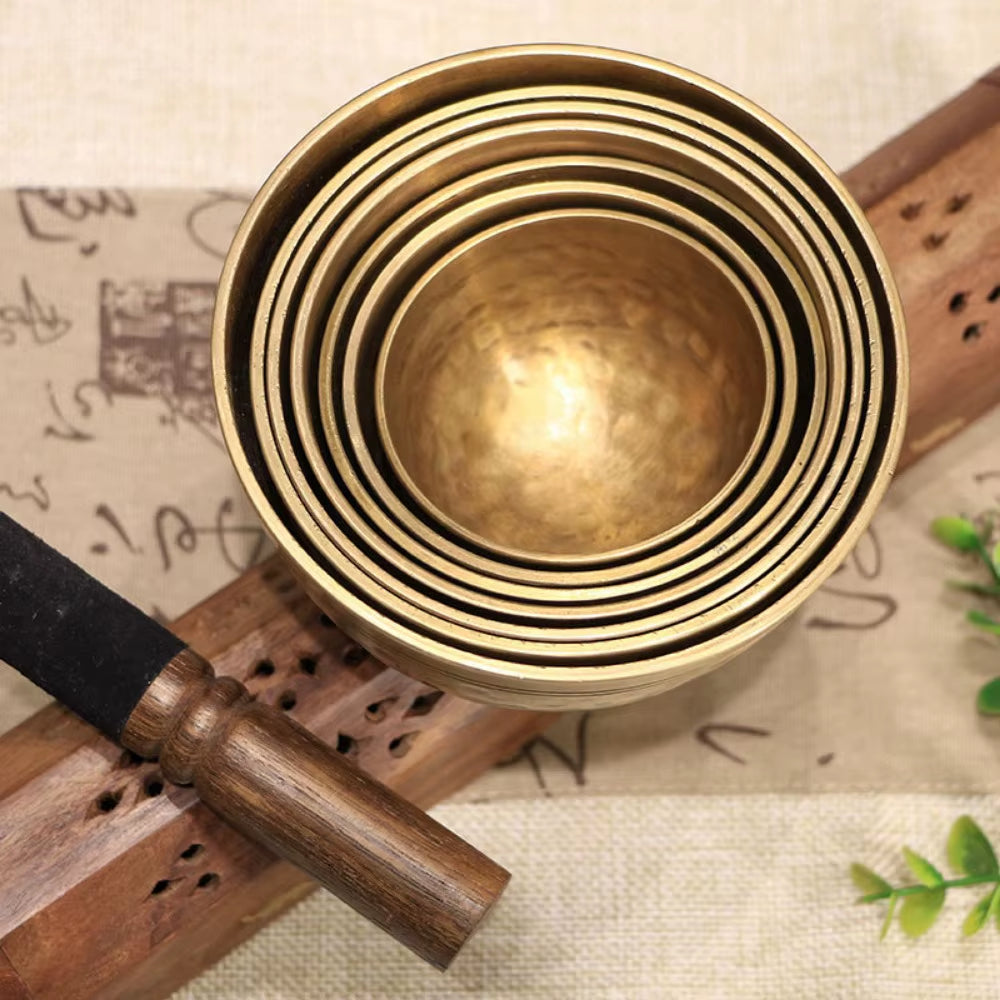 Brass Singing Bowl with Circular Ridges from 7-Piece Tibetan Singing Bowl Set