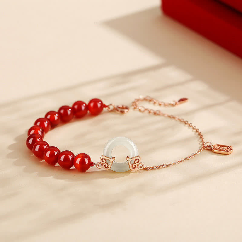 925 Sterling Silver Red Agate White Jade Peace Buckle Jade Bracelet for Confidence