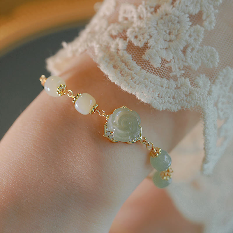 14K Gold Plated Hetian Jade Rose Flower Luck Bracelet