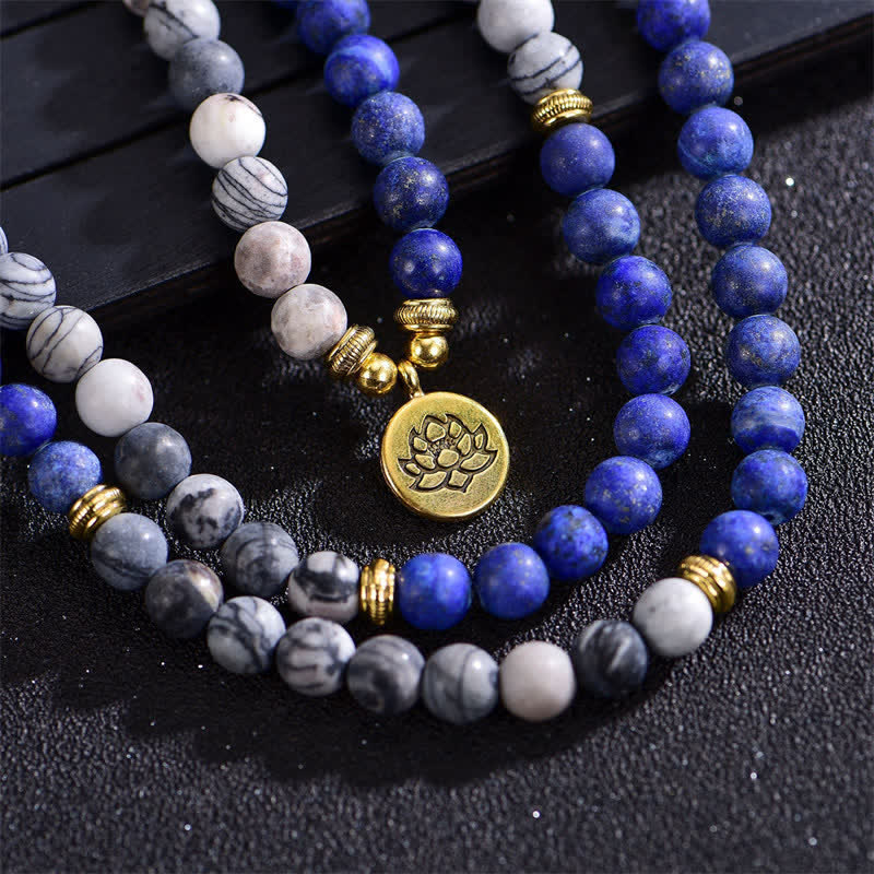 8mm Lotus Lotus Bracelet with Lazurite and Picasso Jasper for Balance