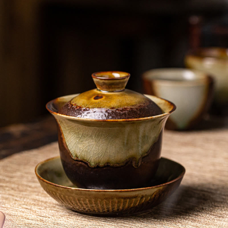 Vintage Brown Kiln Ceramic Gaiwan Sancai Tea Cup with Lid