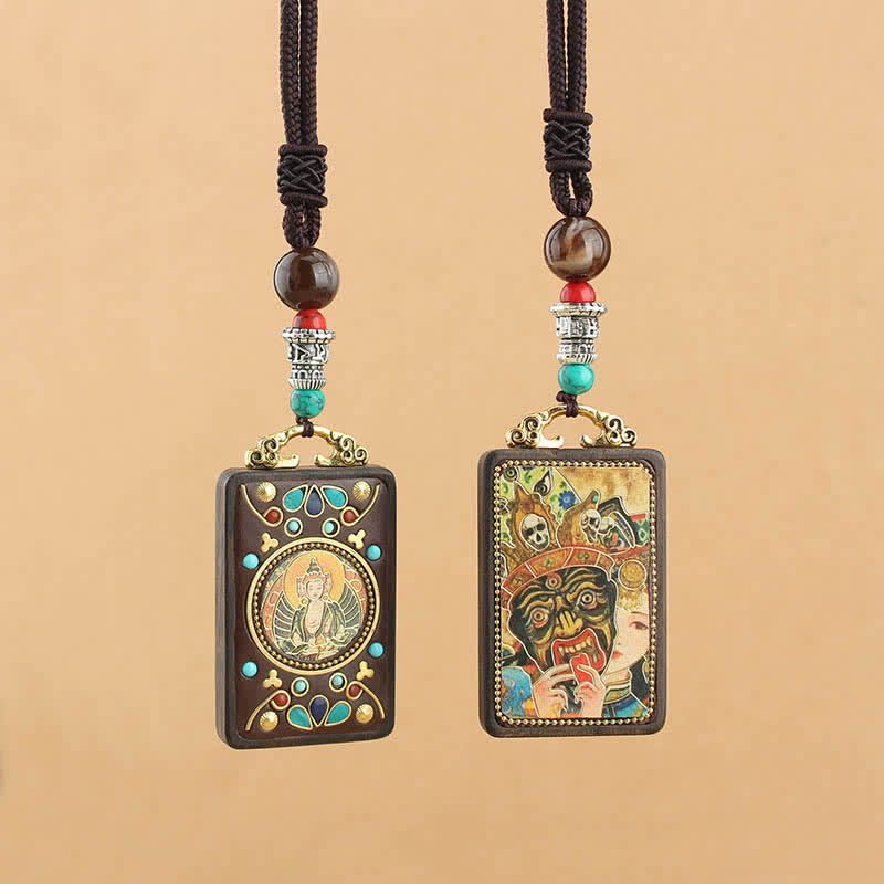 Ebony Wood Necklace Pendant with Five Gods of Wealth | Peace