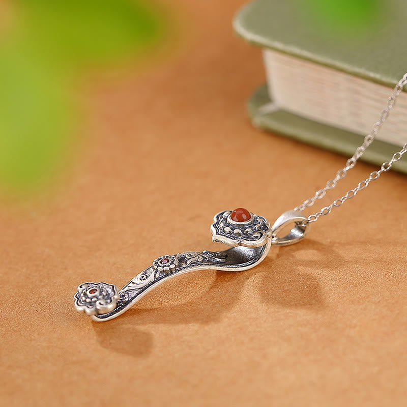 925 Sterling Silver Jade Necklace with Ruyi Handle for Blessings