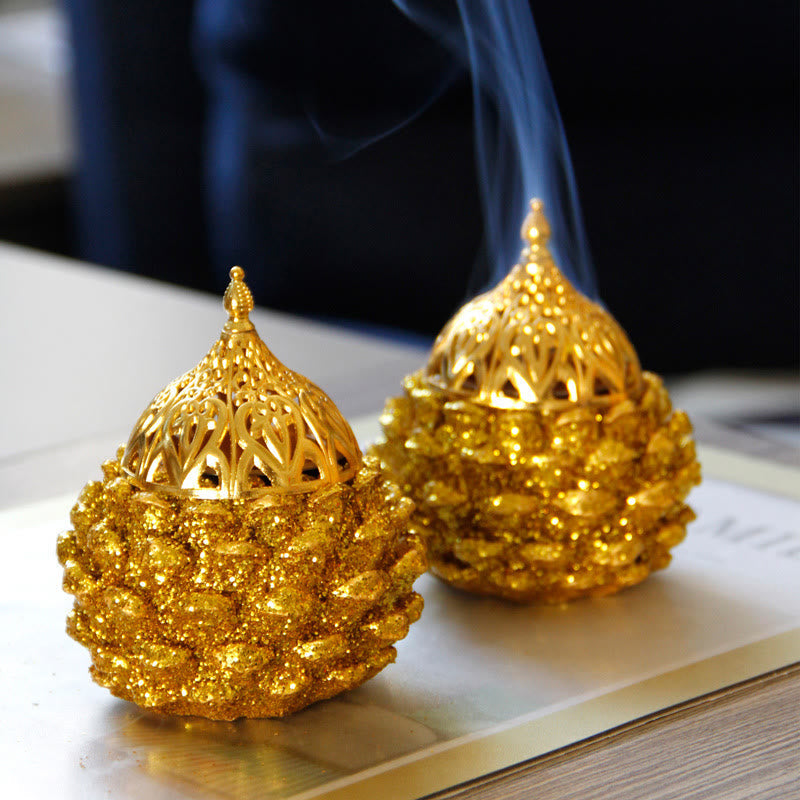 Gold Pine Cone Mini Incense Burner | Spiritual Ritual Decor