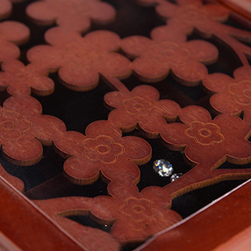 Six-Layer Wooden Jewelry Box with Vintage Plum Blossom Carvings