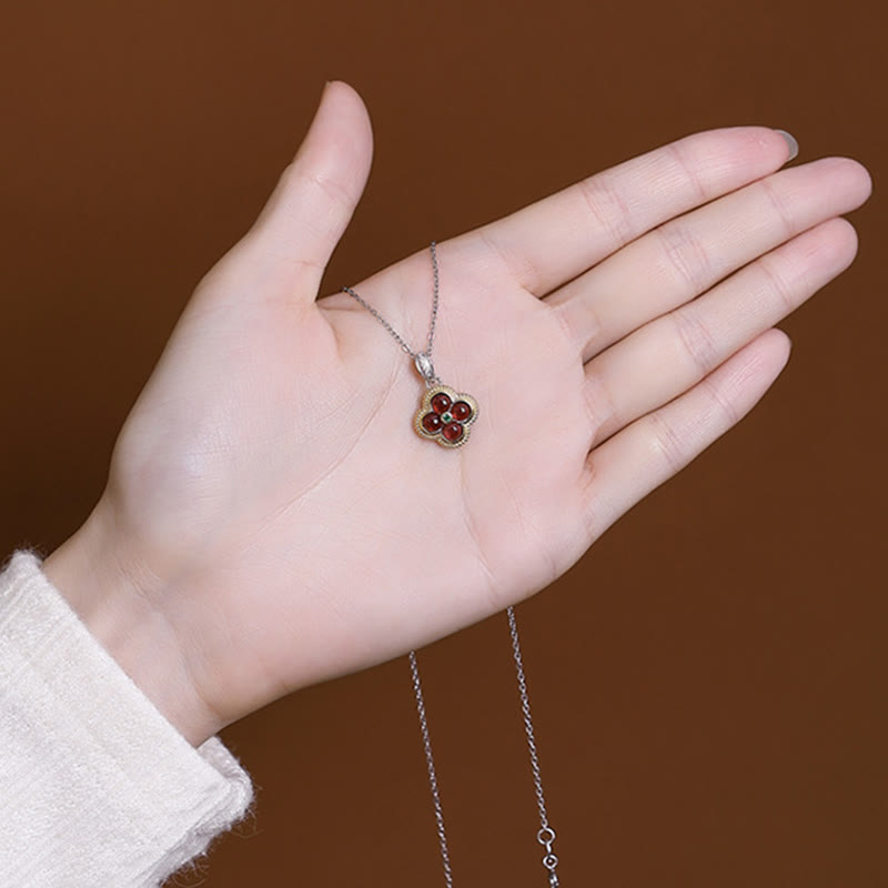 925 Sterling Silver Garnet Four-Leaf Clover Protection Necklace & Ring Set